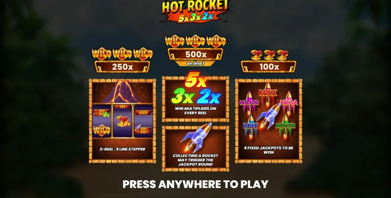 Hot Rocket 5x 3x 2x - Hauptmenü mit Walzen und Starttaste